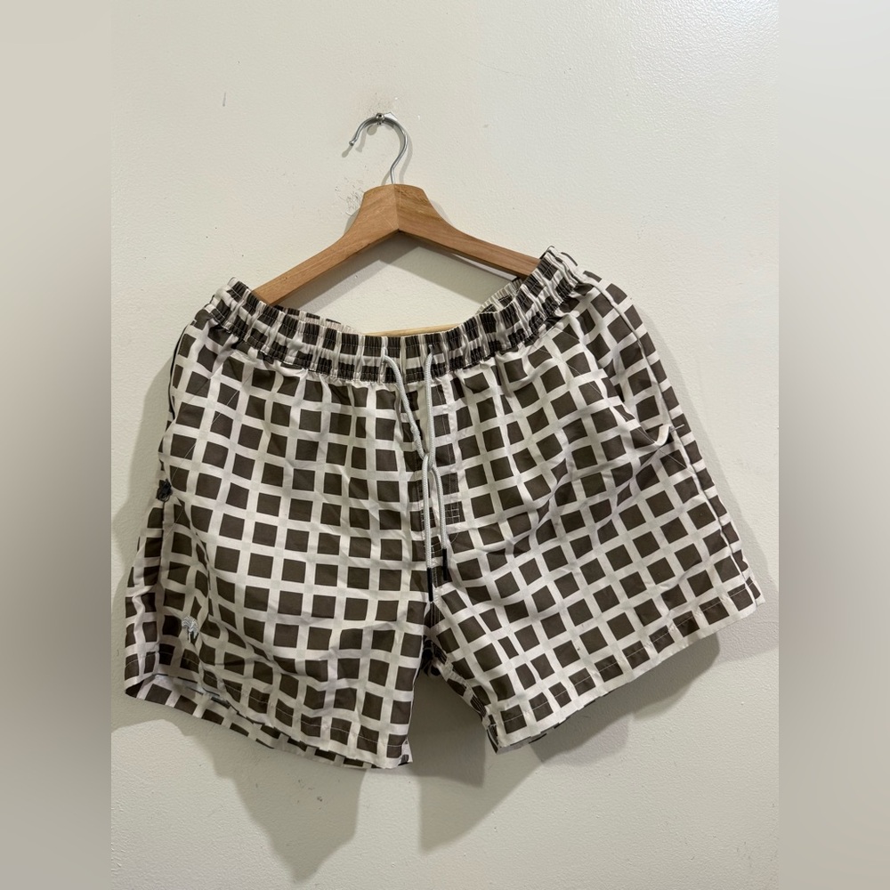 OAS Men's Grid-Print Drawstring Shorts in White and Brown